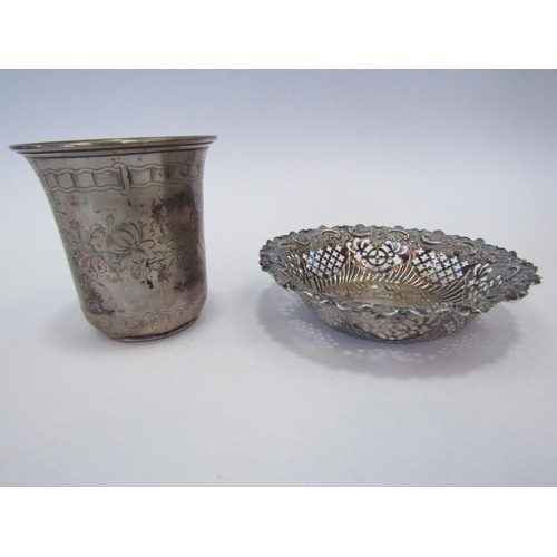 1264 - A silver pierced bonbon dish, 11cm diameter, together with a cup, 7.5cm tall (2) 118g