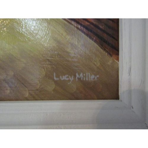 1009 - LUCY MILLER: An acrylic on board, Suffolk landscape with water mill, signed lower right, framed, 40c... 