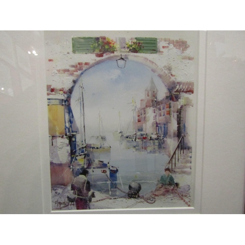 1036 - A print of a Continental waterside scene after Jorge Aguilar, framed and glazed, 25cm x 20cm image s... 