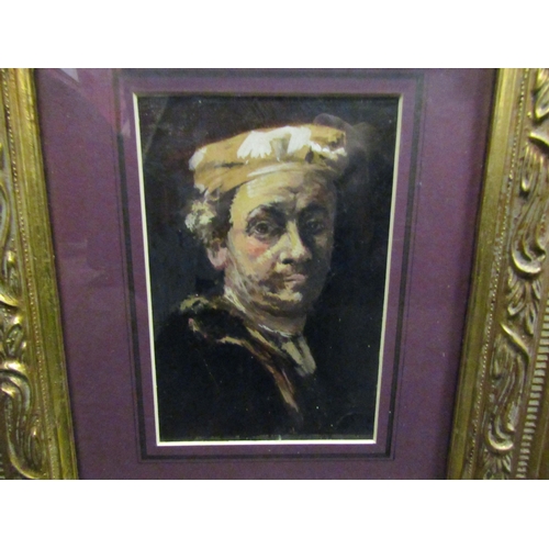 1040 - A mid-20th Century oil on card after Rembrandt by Brian Thompson, labels verso, framed and glazed, i... 