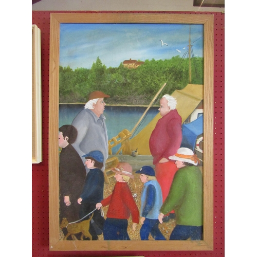 1072 - A naive oil on canvas of a riverside scene with figures to the foreground in the style of Beryl Cook... 