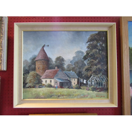 1074 - FREDERICK JOHNSTON (XX): An oil on board of country house beside greenhouse, signed lower right, fra... 