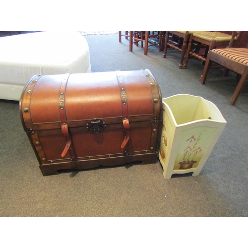 1095 - A faux leather bound domed trunk and a rubbish bin with hand-painted flowers