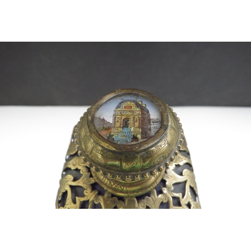 6340 - A Victorian Bristol Blue glass perfume bottle with ormolu overlay, lift up top with inlaid image and... 