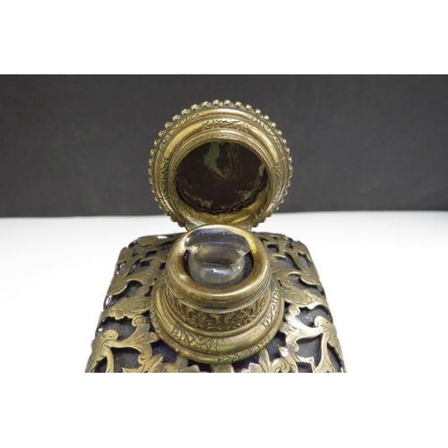 6340 - A Victorian Bristol Blue glass perfume bottle with ormolu overlay, lift up top with inlaid image and... 