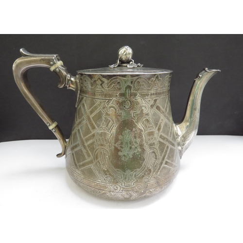 6461 - A John, Edward, Walter and John Barnard silver teapot with engraved decoration, monogram cartouche, ... 