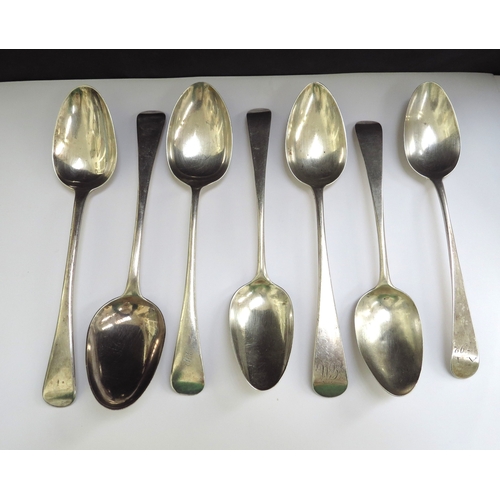 6478 - Seven silver tablespoons, six Georgian examples including Charles Hougham, Hester Bateman and George... 