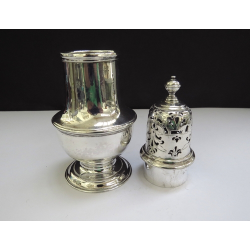 6489 - A George I silver sugar caster possibly by Samuel Woods, baluster form, plain body below pierced cov... 