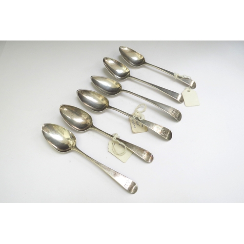 6494 - Six Georgian teaspoons various makers and dates including Peter & William Bateman, handles monogramm... 