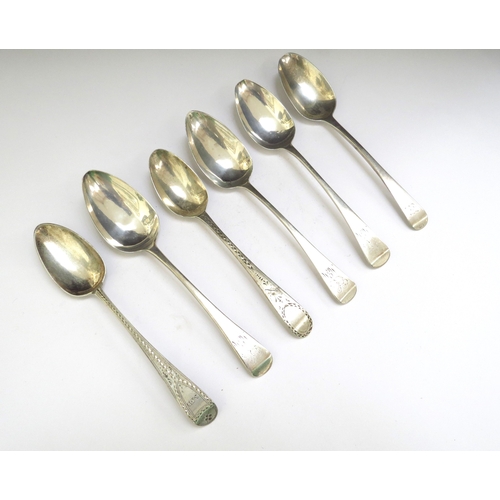 6495 - Six Georgian silver teaspoons with monogrammed handles, various makers and dates, 89g