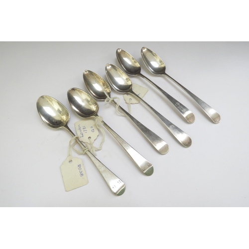 6496 - Four John Langlands II Newcastle silver teaspoons dated circa 1800 and two London examples with mono... 