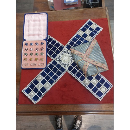 6381 - A 19th Century pachisi game board together with a cased set of sixteen glass counters and three oblo... 