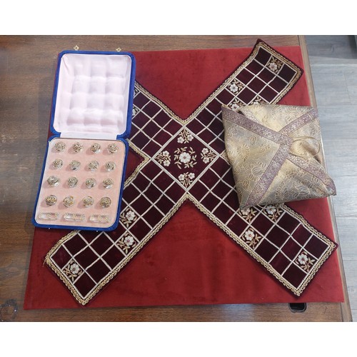 6382 - A late 19th Century pachisi/chaupar velvet game board accompanied by a cased set of sixteen counters... 