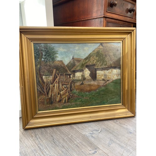 6029 - Two early 20th Century rustic farm scenes with barns and fence, oil, gilt framed  (E)  £50-100