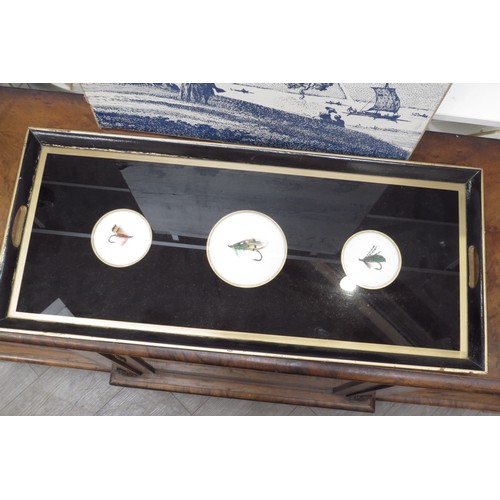 6235 - A drinks tray set with fishing hooks, 64c x 28cm