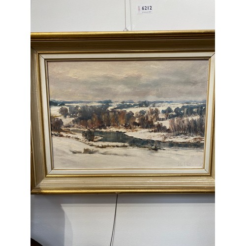 6212 - Two Arthur Pank (1918-1999) oil on canvas boards, Winter rural landscapes, 24cm x 34cm