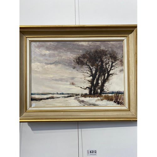 6212 - Two Arthur Pank (1918-1999) oil on canvas boards, Winter rural landscapes, 24cm x 34cm