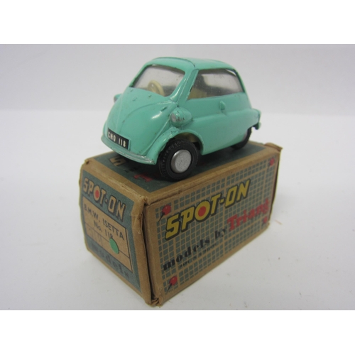 8098 - A Triang Spot-On 118 diecast model BMW Isetta in turquoise with cream interior, in original blue car... 