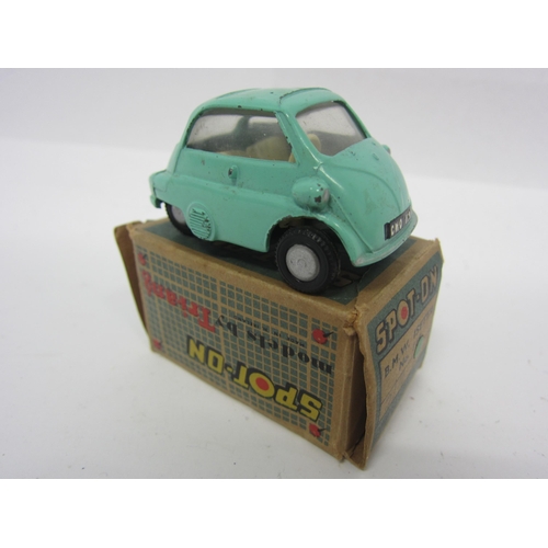 8098 - A Triang Spot-On 118 diecast model BMW Isetta in turquoise with cream interior, in original blue car... 