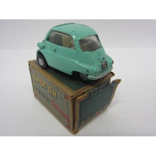 8098 - A Triang Spot-On 118 diecast model BMW Isetta in turquoise with cream interior, in original blue car... 