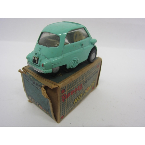 8098 - A Triang Spot-On 118 diecast model BMW Isetta in turquoise with cream interior, in original blue car... 