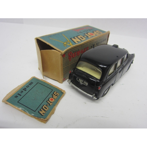 8103 - A Triang Spot-On 155 diecast model Austin Taxi in black, cream interior with red plastic steering wh... 