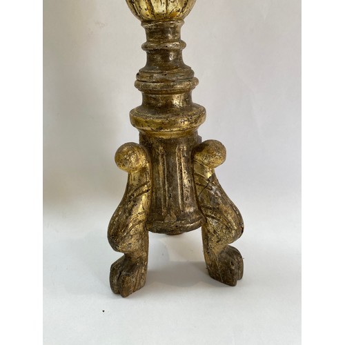 6217 - WITHDRAWN - A 19th Century French gilt wood candle stand, fluted column form, tripod base, 84cm tall