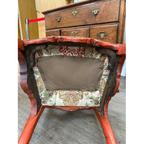 6223 - A late 18th Century French Red lacquered side chair with acanthus & scroll detail drop in seat 98cm ... 