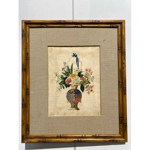 6225 - A pair of Chinese 19th Century paintings on silk depicting still-life floral displays in faux bamboo... 