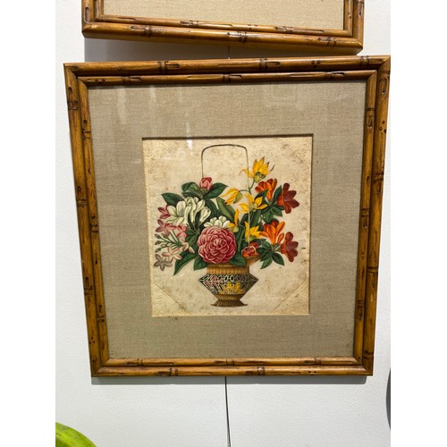 6225 - A pair of Chinese 19th Century paintings on silk depicting still-life floral displays in faux bamboo... 