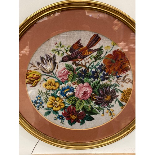 6239 - Three framed and glazed beadwork panels, floral sprays and floral spray with bird, 26cm diameter, 18... 