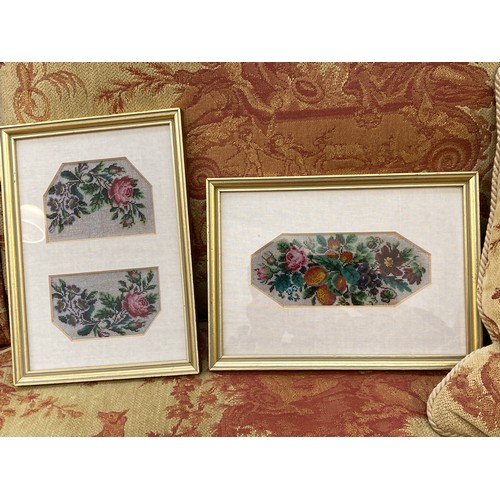 6239 - Three framed and glazed beadwork panels, floral sprays and floral spray with bird, 26cm diameter, 18... 