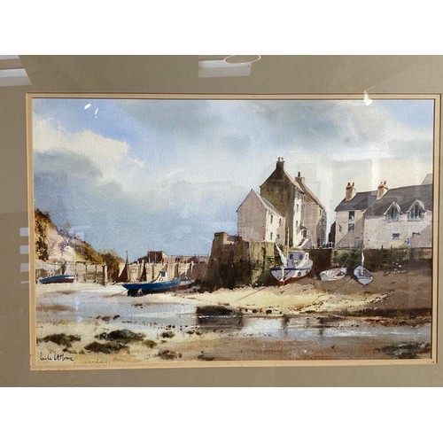 6243 - LESLIE L. HARDY MOORE (1907-1997) Fishing Port scene at low tide with boats and buildings, 36cm x 54... 