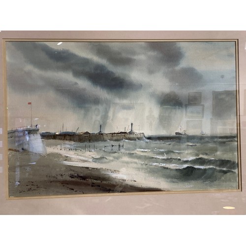 6245 - LESLIE L. HARDY MOORE (1907-1997) Boats coming into harbour, rough seas, 37cm x 57cm