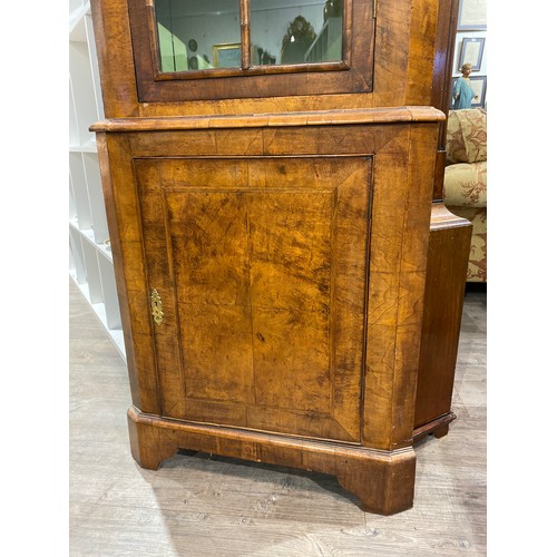 6288 - A walnut Queen Anne style corner cabinet, with arched top, glass panels revealing a painted shelved ... 