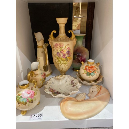 6290 - Eight pieces of Royal Worcester including a pair of squat vases, shell form dish, signed jug ER and ... 