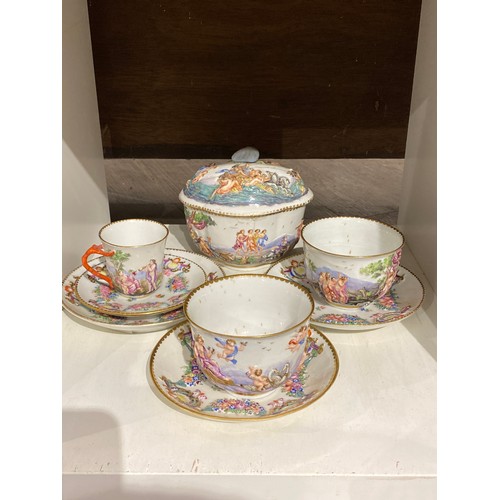 6320 - A Naples porcelain ‘Capo di monte’ lidded sucrier, together with two tea cups and saucers, coffee cu... 