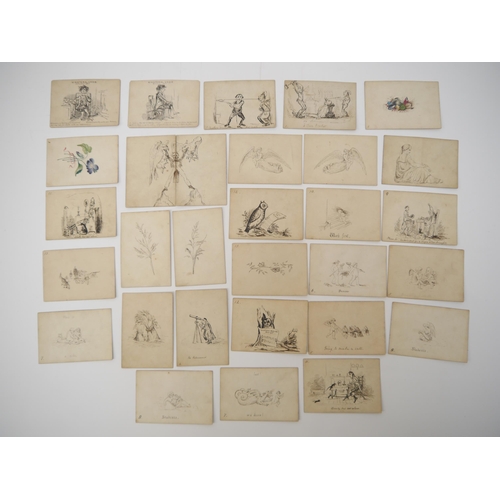 7099 - A collection of 30 circa mid 19th Century well executed pen & ink caricature/cartoon sketches on car... 