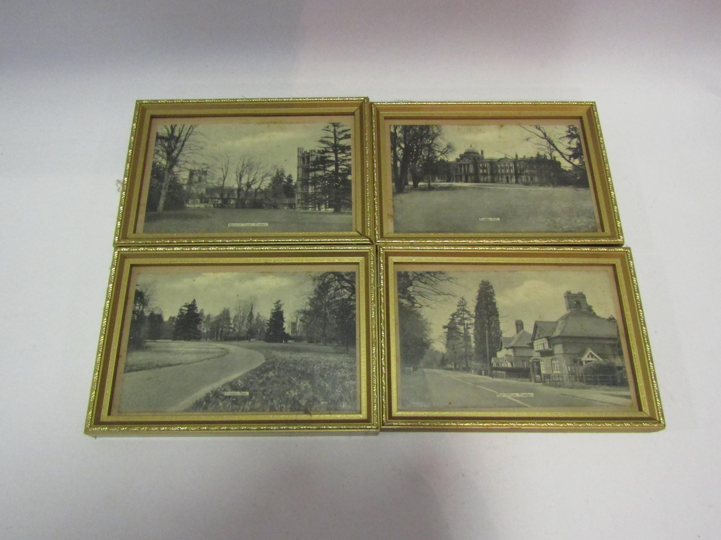 Four gilt framed postcards of Elveden, framed and glazed, 9cm x 14cm