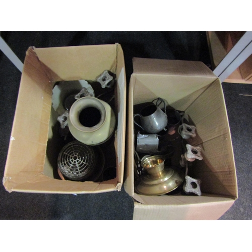 1480 - Two boxes containing miscellaneous metal wares including candelabras, tankards etc.