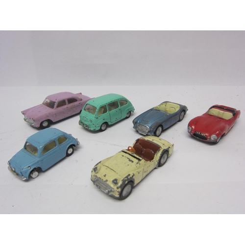 8121 - Six playworn Triang Spot-On diecast model cars to include 185 Fiat 500 in blue, 105 Austin Healey in... 