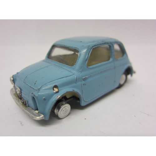 8121 - Six playworn Triang Spot-On diecast model cars to include 185 Fiat 500 in blue, 105 Austin Healey in... 