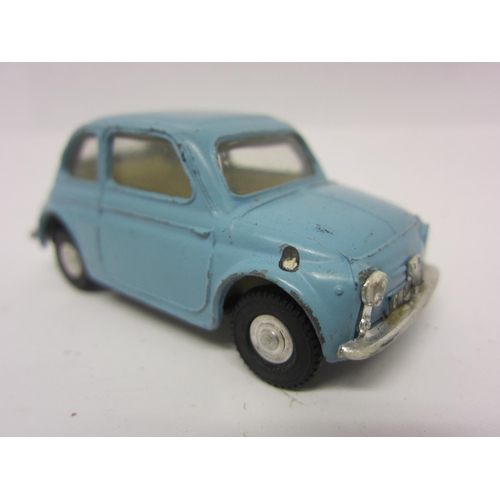 8121 - Six playworn Triang Spot-On diecast model cars to include 185 Fiat 500 in blue, 105 Austin Healey in... 