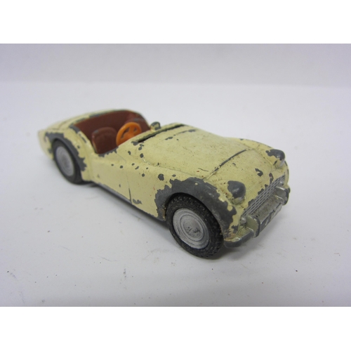 8121 - Six playworn Triang Spot-On diecast model cars to include 185 Fiat 500 in blue, 105 Austin Healey in... 