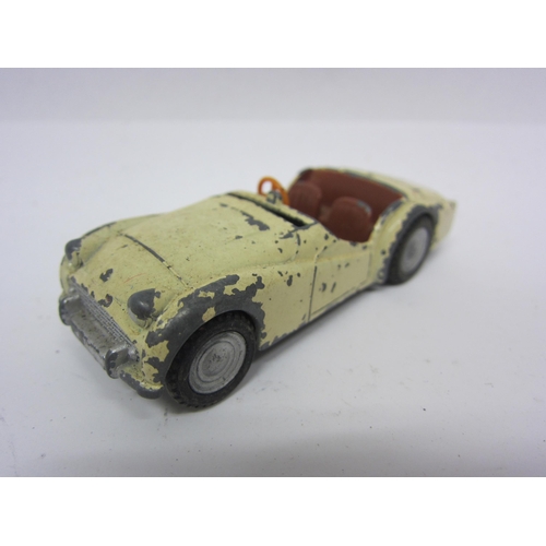 8121 - Six playworn Triang Spot-On diecast model cars to include 185 Fiat 500 in blue, 105 Austin Healey in... 