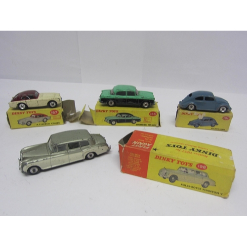 8206 - Four Dinky Toys playworn diecast cars to include 181 Volkswagen Beetle, 167 A.C. Aceca, 198 Rolls-Ro... 