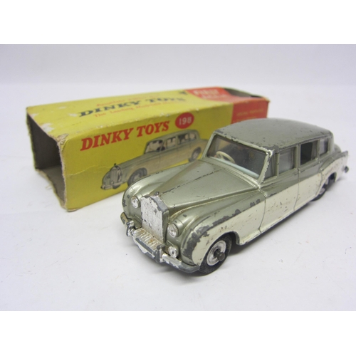 8206 - Four Dinky Toys playworn diecast cars to include 181 Volkswagen Beetle, 167 A.C. Aceca, 198 Rolls-Ro... 