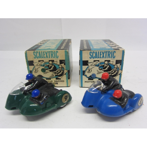 8395 - A pair of boxed Triang Scalextric MM/B1 Typhoon slot racing motorcycles and sidecars in green and bl... 