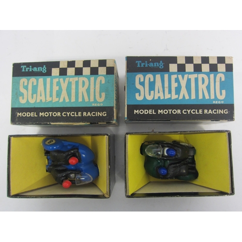 8395 - A pair of boxed Triang Scalextric MM/B1 Typhoon slot racing motorcycles and sidecars in green and bl... 