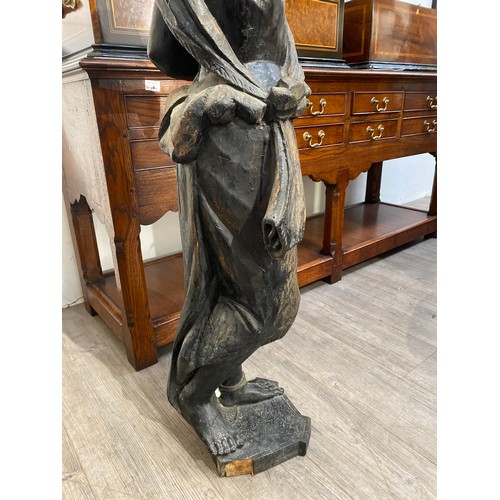 6095 - A 19th Century carved wood blackamoor figure holding aloft & fluted tray cracks and repair to arm pr... 